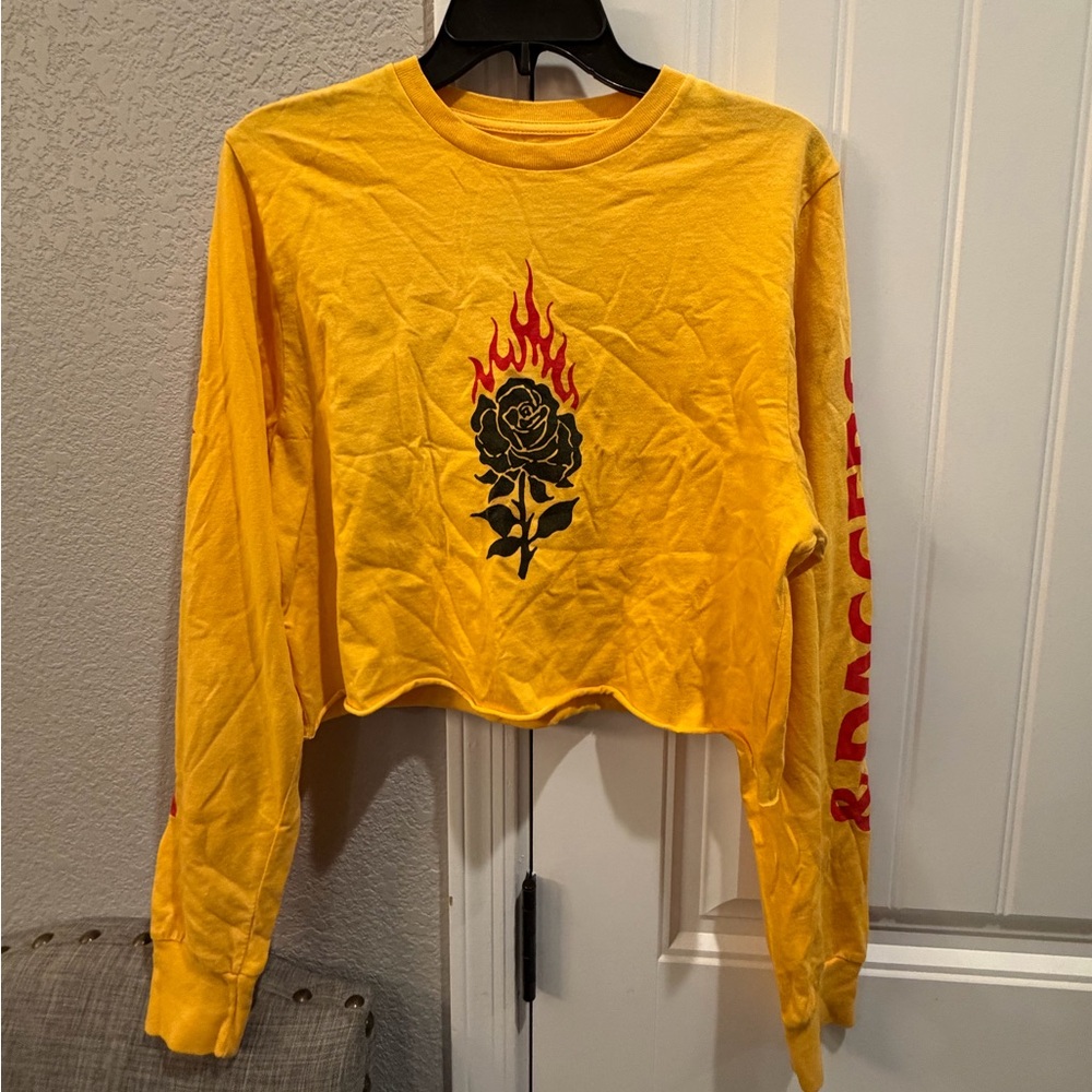 Swallows and daggers Yellow Cropped Long Sleeve Tee with Flaming Rose Graphic
